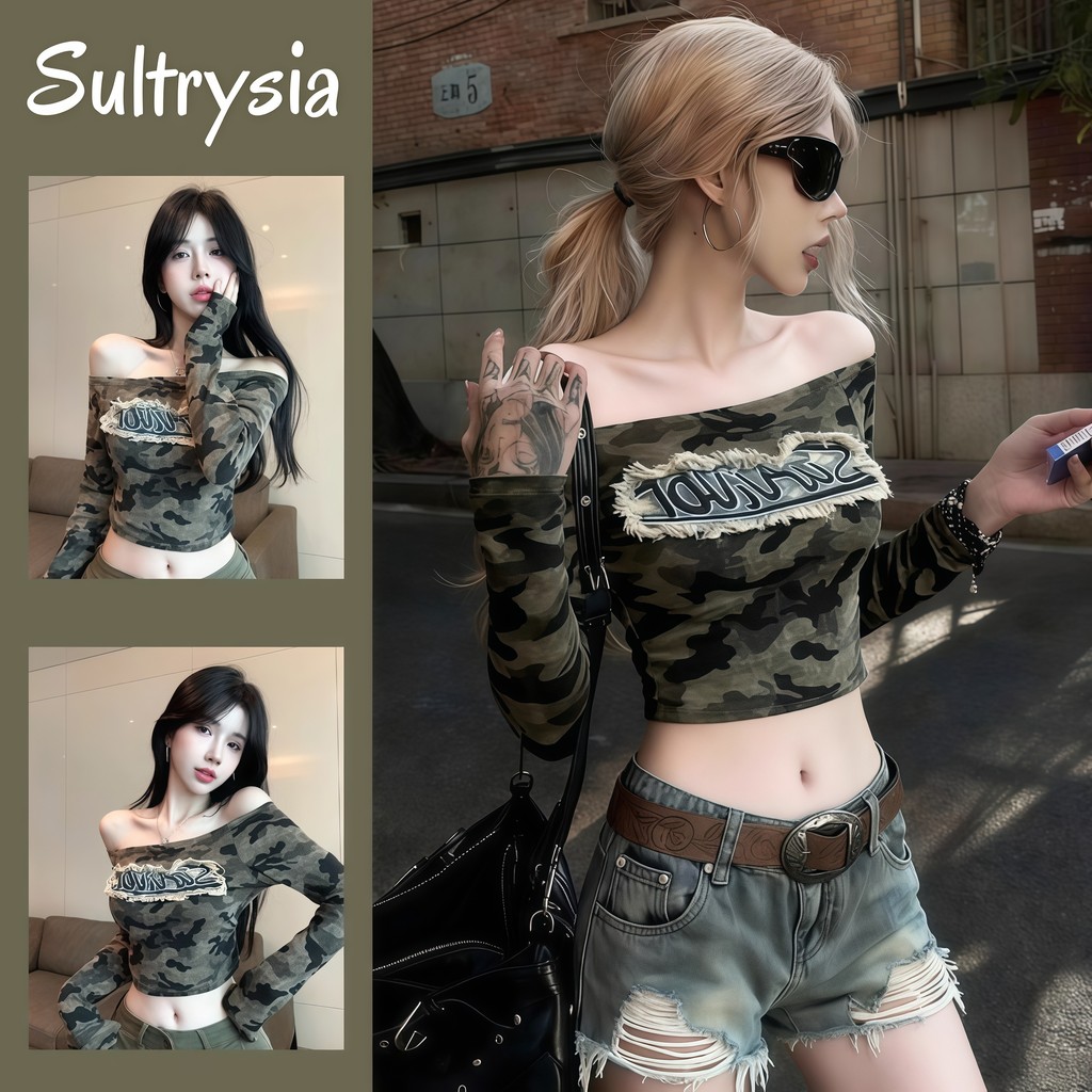 SultrySia เสื้อ เปิดไหล่ เสอแขนยาว สีเขียวทหาร รายละเอียดเย็บปักถักร้อย ผ้ายืด