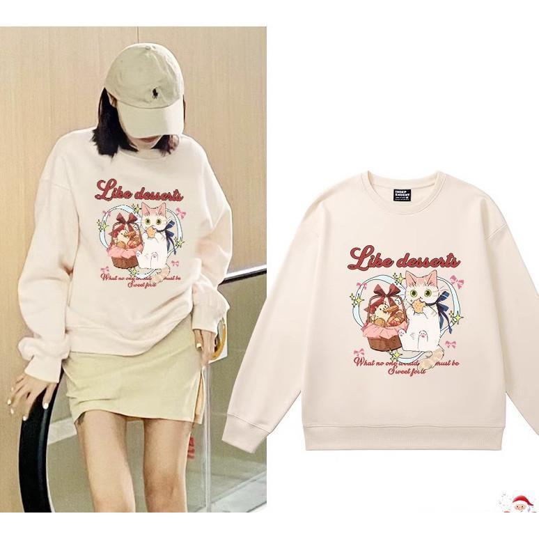 unisexเสื้อสเวตเตอร์คอกลมแขนยาวผ้าฝ้าย  สไตล์เกาหลีสไตล์สตรีท กระแสหลวมๆ นุ่มและสบาย พิมพ์ แมวน่ารัก