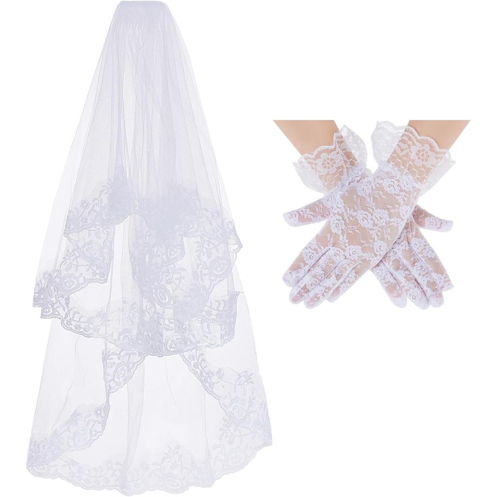jiebor White Lace Veil Bridal Wedding Veils Halloween Veil with Gloves for Women Brides Wedding Brid