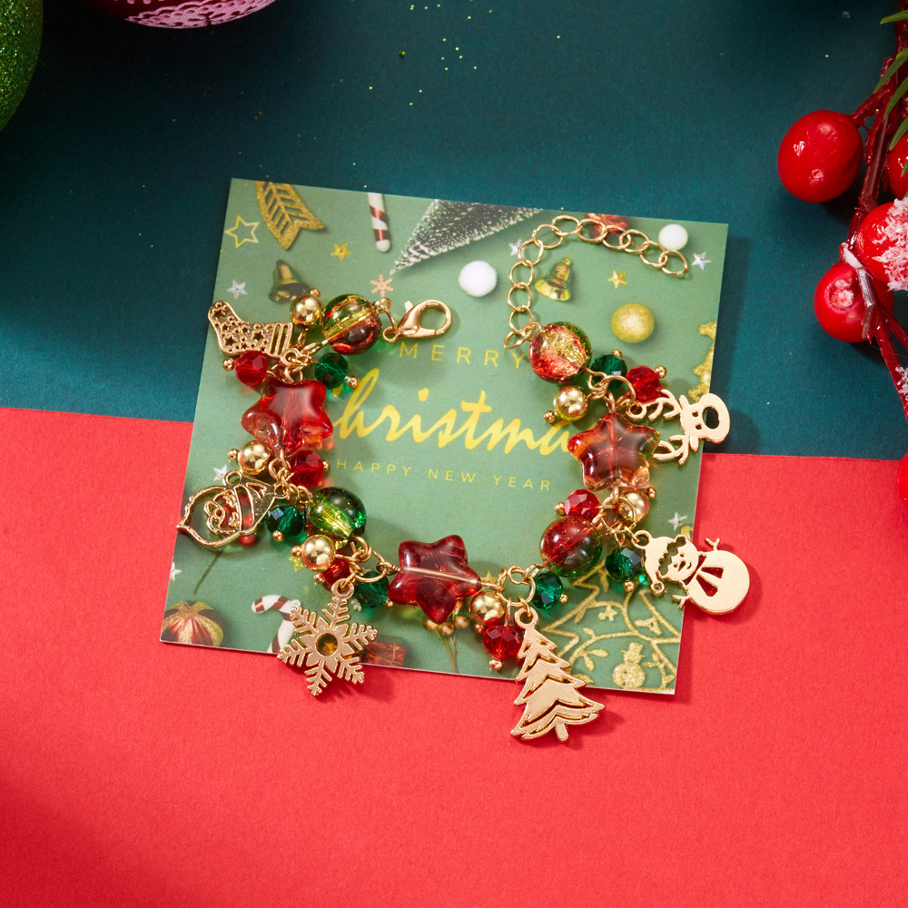 1PC Christmas Charm สร้อยข้อมือผู้หญิง Santa Claus Jingle Bell Stocking Dangle Link สร้อยข้อมือ Xmas Tree Snowflake Reindeer สีแดงสีเขียวลูกปัด Charm สร้อยข้อมือ