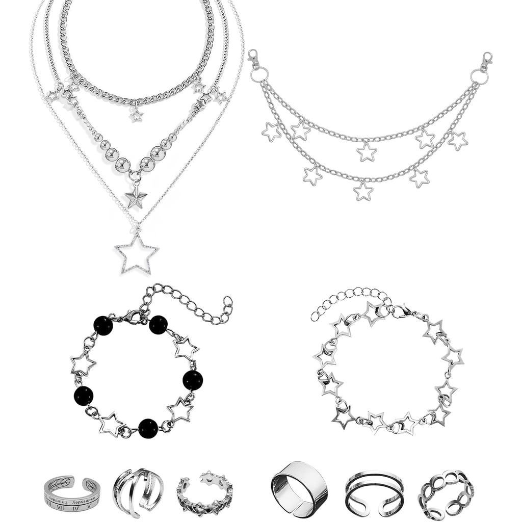 12 Pcs Y2k Accessories Set Grunge Layered Necklace, 3 Star Chains with 6 Rings Vintage Silver Jewelr