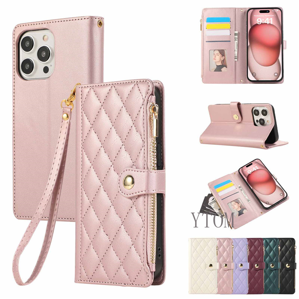 สําหรับ iPhone 17 16 15 16e 14 Pro Plus Max เคสโทรศัพท์หนัง Multi-functional Flip Case แฟชั่นช่องใส่การ์ดผู้หญิงซิปปกหลัง