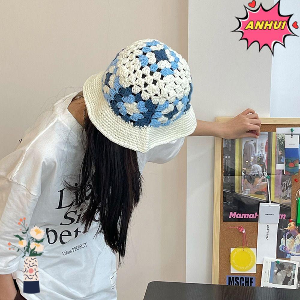 ANHUI ถัก Beanies น่ารัก Hollow ดอกไม้ Handmade