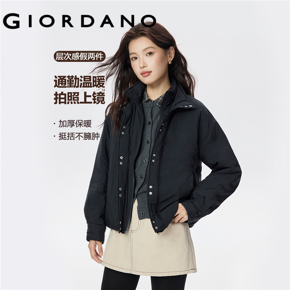 GIORDANO WOMEN Fake Two-Piece Loose Woven Padded Jacket with Stand Collar & Drop Shoulders 13375662