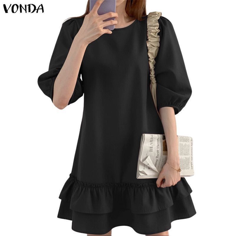 VONDA ชุดเดรสสไตล์เกาหลีสำหรับผู้หญิง ดีไซน์คอพัฟและแขนระบาย สไตล์ A-line สีทึบ