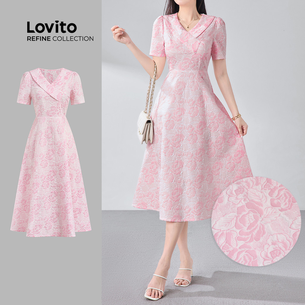(Lovito Refine) ชุดเดรสผู้หญิงหรูหราโครงสร้างไม่สมมาตรซิปฤดูใบไม้ผลิ/ฤดูร้อนสีชมพู LR12E010
