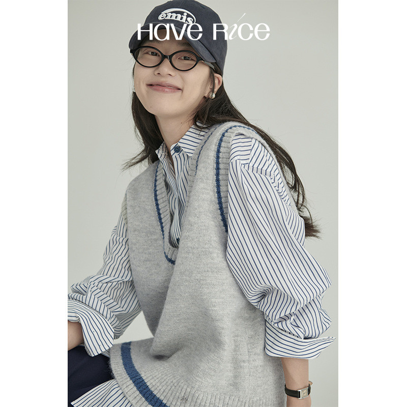 สาววิทยาลัย Retro All-Match V คอตัดกันถักเสื้อกั๊กเสื้อกั๊กหญิง HAVERICE โรงแรมเสื้อ CP