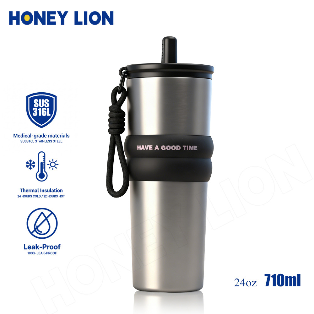 HoneyLion ກະຕິກນ້ຳ ສີສວຍ 710ml ເກັບຮ້ອນ-ເຢັນ ກັນຮົ່ວ ມີສາຍຖື ແລະຫຼອດດື່ມ