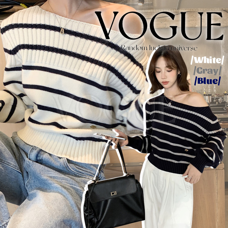 Vogue ເສື້ອໄໝພອມເປີດບ່າ ແຂນຍາວ ລາຍຂີດມິນິມອນໜ້າຮັກ (P043) ພ້ອມສົ່ງ