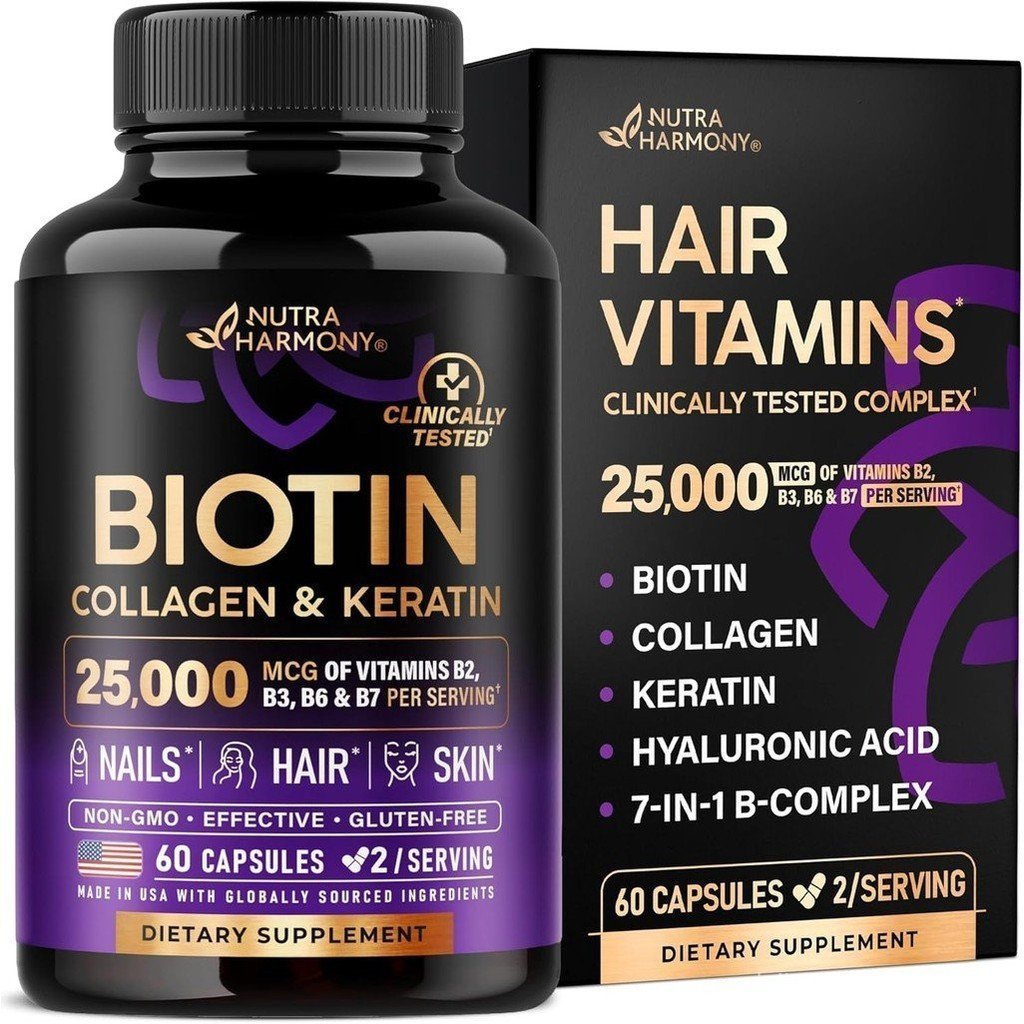 ไบโอติน | คอลลาเจน | Keratin - อาหารเสริมทดสอบทางคลินิก - Hair Growth Support, Skin & Nails - 25000 