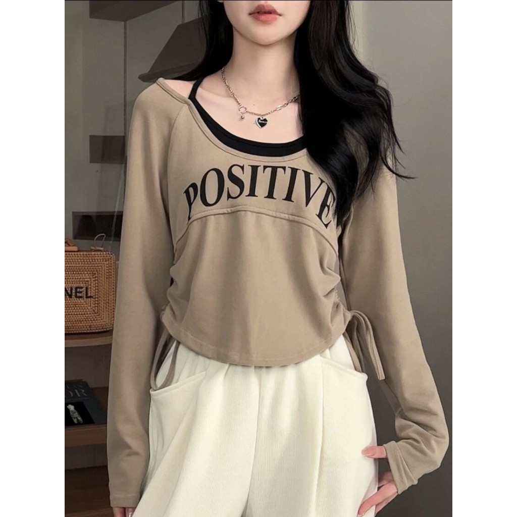 TAYCEN M-2XL เสื้อสเวตเตอร์ เรียบๆ แขนยาว เกาหลี ไหล่หลุด ผู้หญิง ครอบตัด สเวตเตอร์