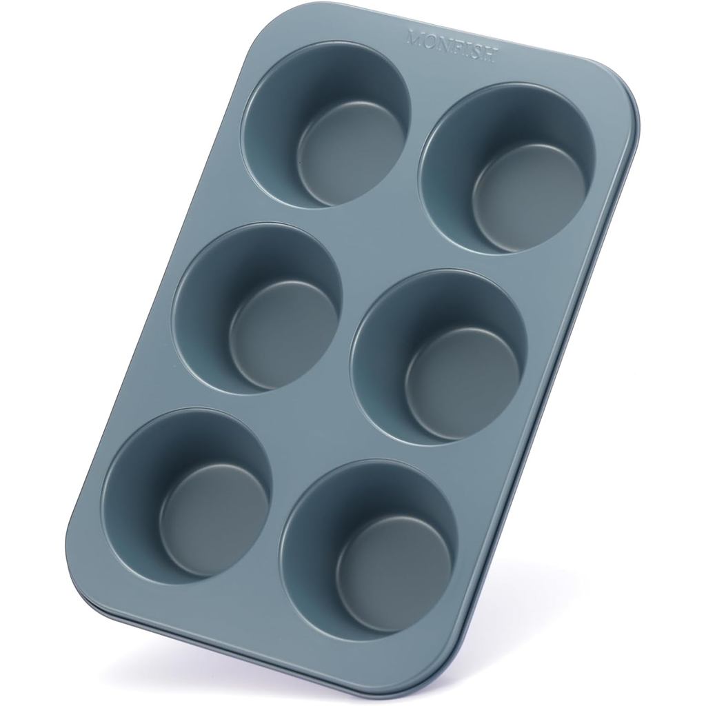 Monfish Muffin Pan 6 Jumbo Cup Carbon Steel Haze Blue non Stick Coating Muffin cupcake Tin 3.5inch c