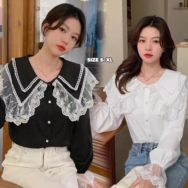 mimi&didi#เสื้อลูกไม้สไตล์ฝรั่งเศส เสื้อเชิ้ตคอตุ๊กตาสำหรับผู้หญิง สไตล์ที่เป็นเอกลักษณ์และอ่อนโยนผ้าเช็ดหน้าทรงบาน#W685