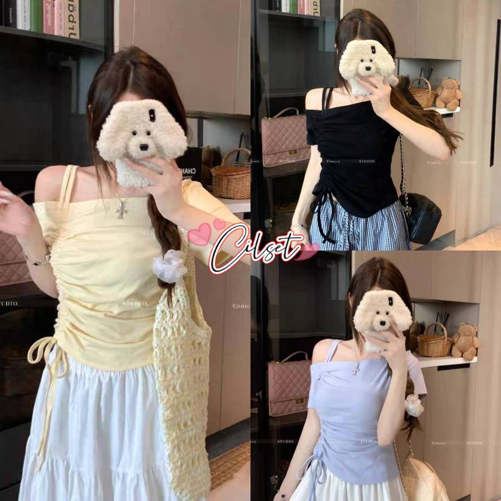 Cilset🛒พร้อมส่ง🎀 เสื้อแขนสั้นเปิดไหล่ ใส่สบายสีพาสเทล ทรงรัดรูป ผ้านุ่มนิ่ม ใหม่ 2026 *FY2542*