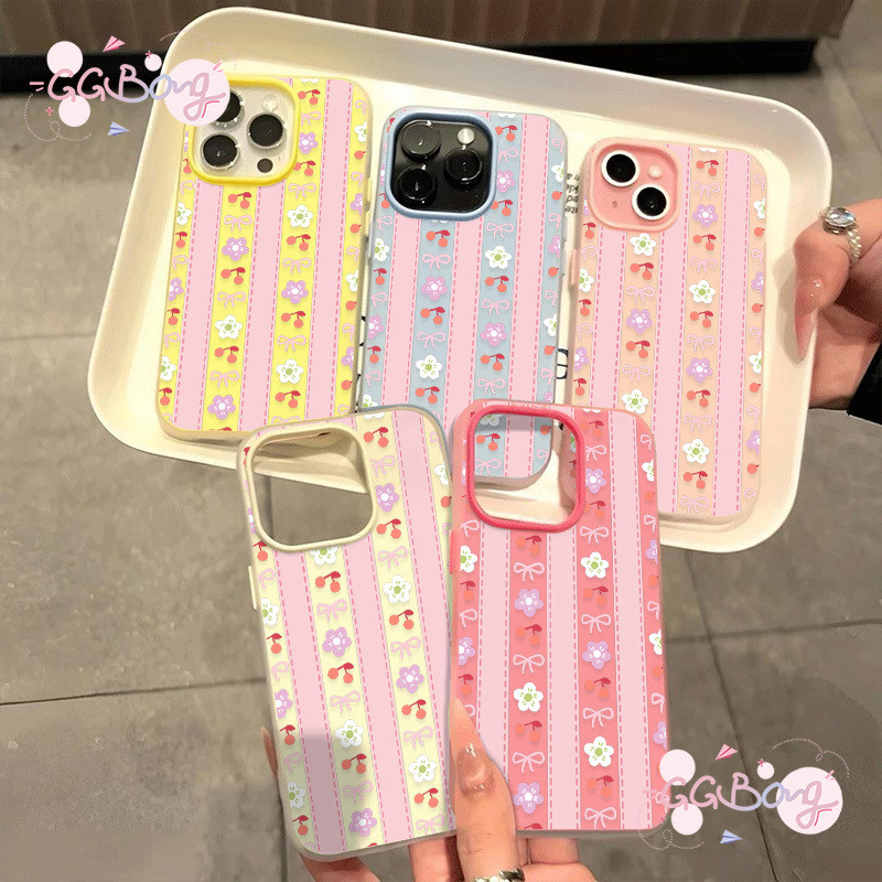 สำหรับ IPhone 17 AIR 16 15 11 14 13 12 Pro Max 16 7 Plus XS X XR Max ลูกไม้ลายดอกเชอร์รี่โบว์ 2 in1 ผิวรู้สึกถึงกรณี ที่