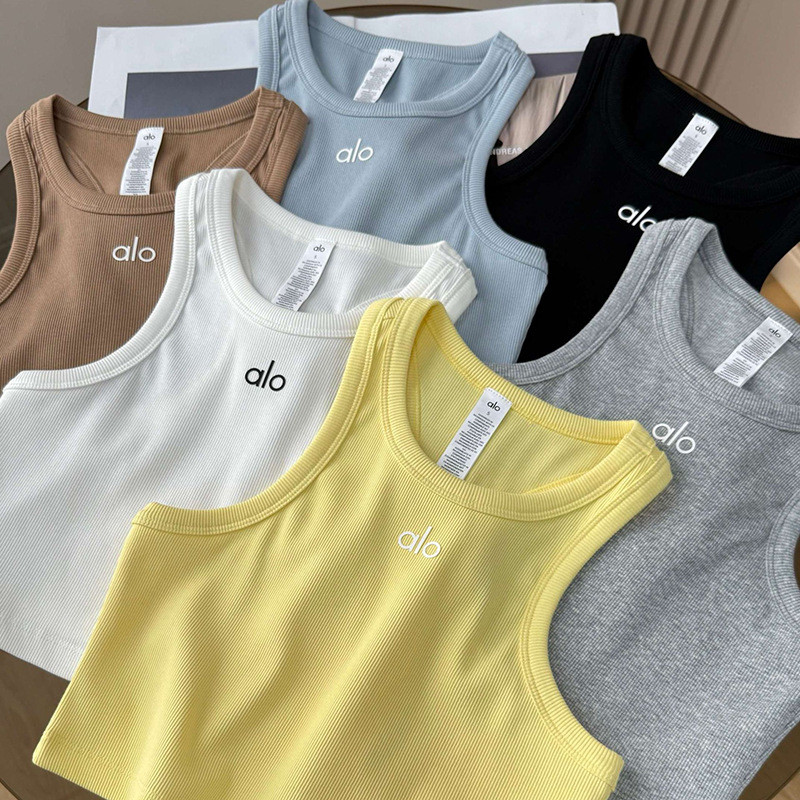 Alo Vest ผู้หญิงกีฬาโยคะ Casual I-Shaped สลิงขนาดเล็กสั้นเกลียวผ้าฝ้ายแท้ด้านใน Slim-fit Top ยุโรปและอเมริกา