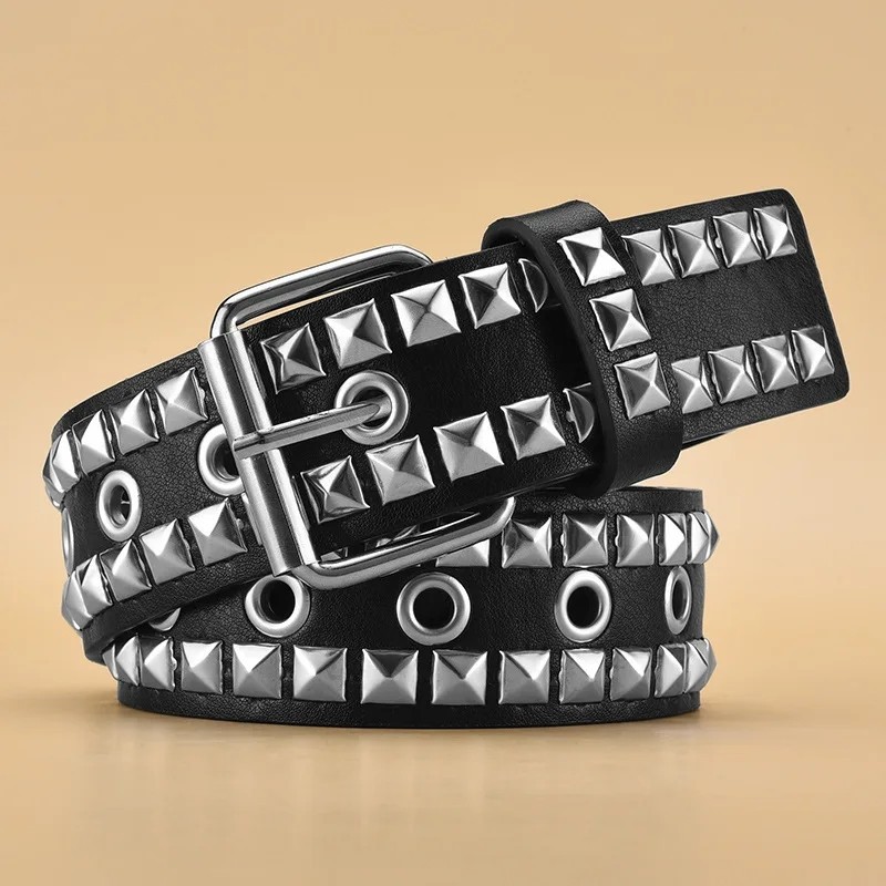 Square Bead Rivet Belt Metal Pyramid Belt Men and Women Punk Hardware Jeans Belt Y2K Belt Designer B