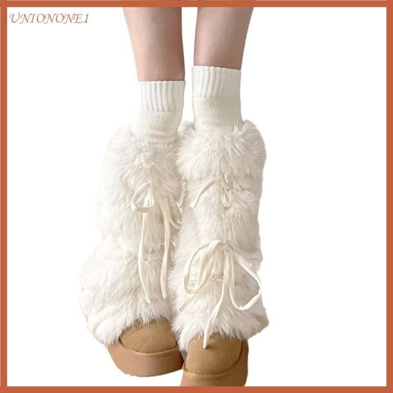 ONE ผู้หญิง Vintage Fuzzy Boot Cover กับริบบิ้น Bowknot อุ่นเท้าในฤดูหนาว