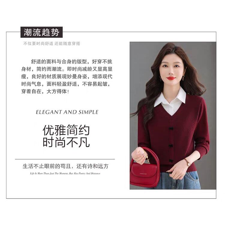 เสื้อยืดถักแขนยาวผู้หญิงเสื้อกันหนาวหลวมปลอมสองชิ้นเสื้อคอเกาหลีสําหรับการเดินทางที่เรียบง่ายเสื้อท็อป - รูปที่ 5