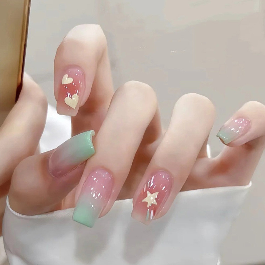 (กล่องเล็บปลอม) Dopamine Nail Art Wear Nail French Mint Green White Summer Freshเล็บปลอมที่ถอดออกได้
