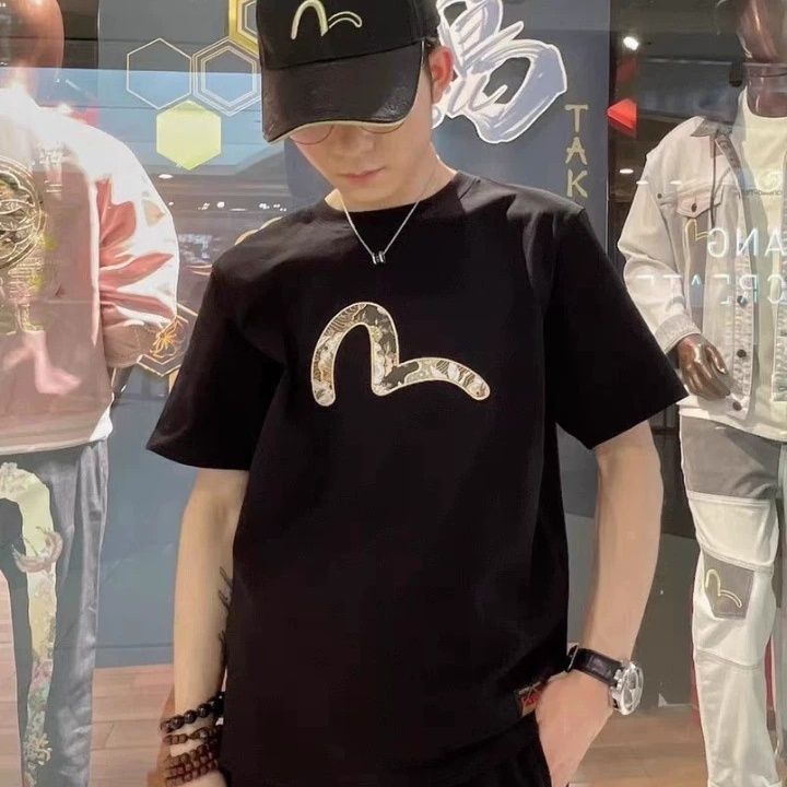 Evisu เสื้อยืดคอกลมผ้าฝ้ายแท้ทรงหลวมสำหรับผู้ชาย