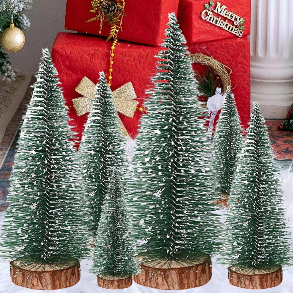 6PCS Mini Christmas Trees, Artificial Small Bottle Brush Trees Miniature Pine Trees with Snow and Wo