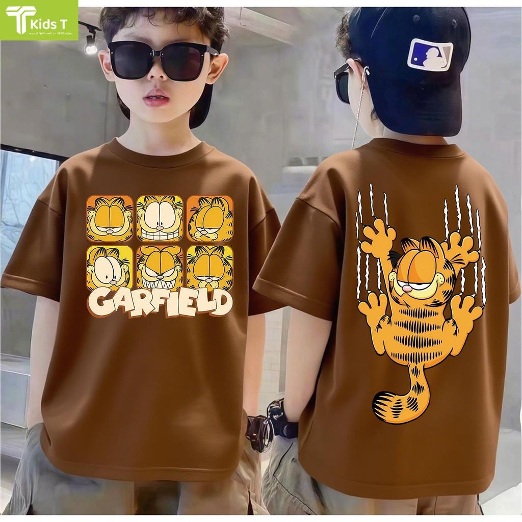 เสื้อยืดแขนสั้นสำหรับเด็กสไตล์เทรนด์รุ่นใหม่ปี 2026 จากร้าน Kids T ลายการ์ฟิลด์ เนื้อผ้าโซโรนา เหมาะสำหรับเด็กชายหญิงอาย