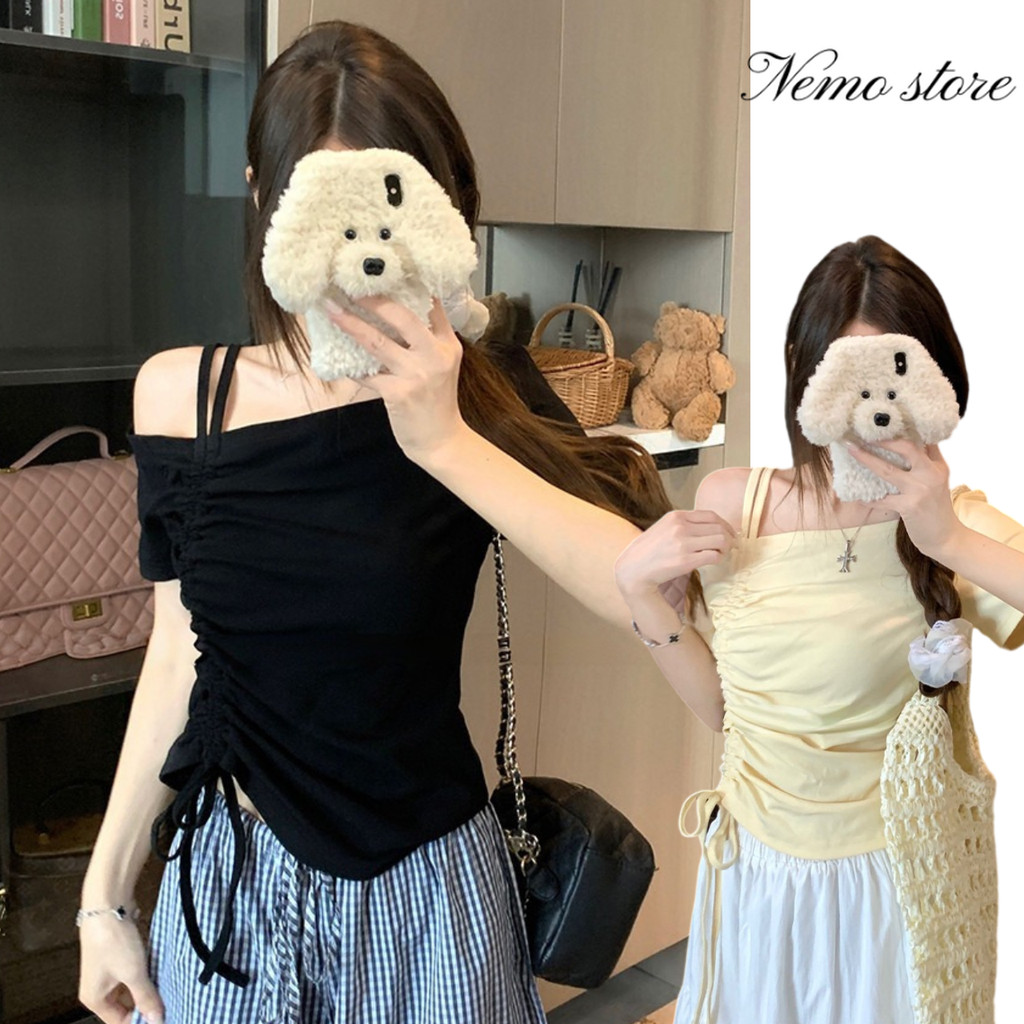 Nemo store #FY2542 เสื้อแขนสั้นเปิดไหล่ ใส่สบายสีพาสเทล ทรงรัดรูป ผ้านุ่มนิ่ม