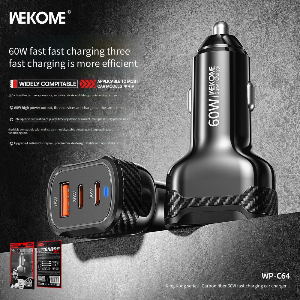 WP-C64 คาร์บอนไฟเบอร์ 60W Fast Charging Car Charger 2C1A รถสามรู Car Charger