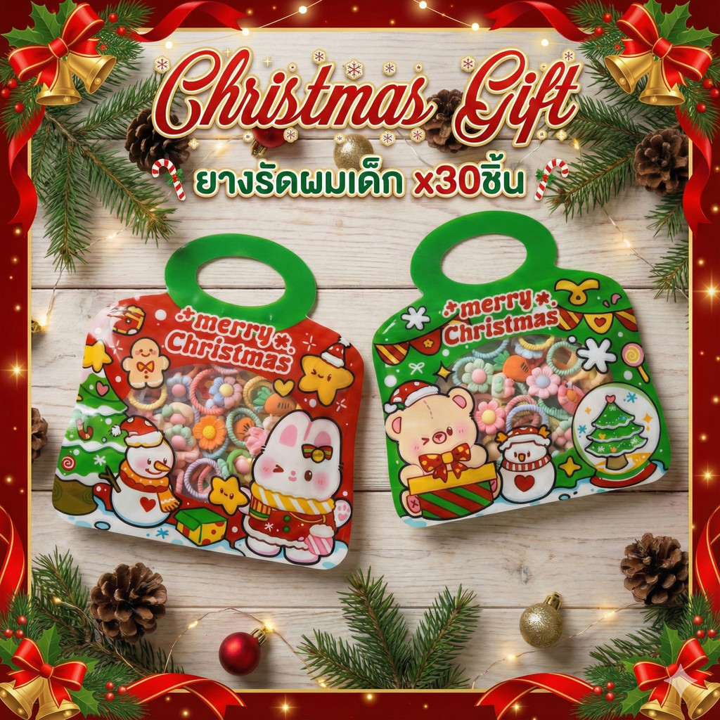 [พร้อมส่ง] ยางรัดผม การ์ตูน คริสต์มาส 30 เส้น พร้อมถุง 🎁 ของขวัญ แจกเพื่อน ยางมัดผมแฟชั่น คุ้มมาก!