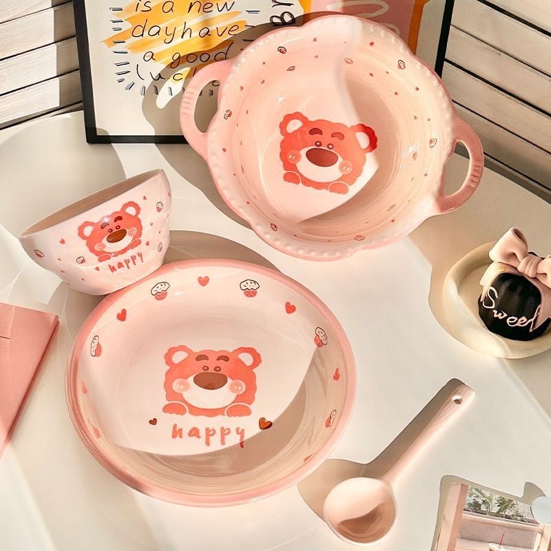 สตรอเบอร์รี่หมี One-Person Tableware Good-look จานชุดชามซุปชามข้าวจานเซรามิคในครัวเรือน Underglaze สี
