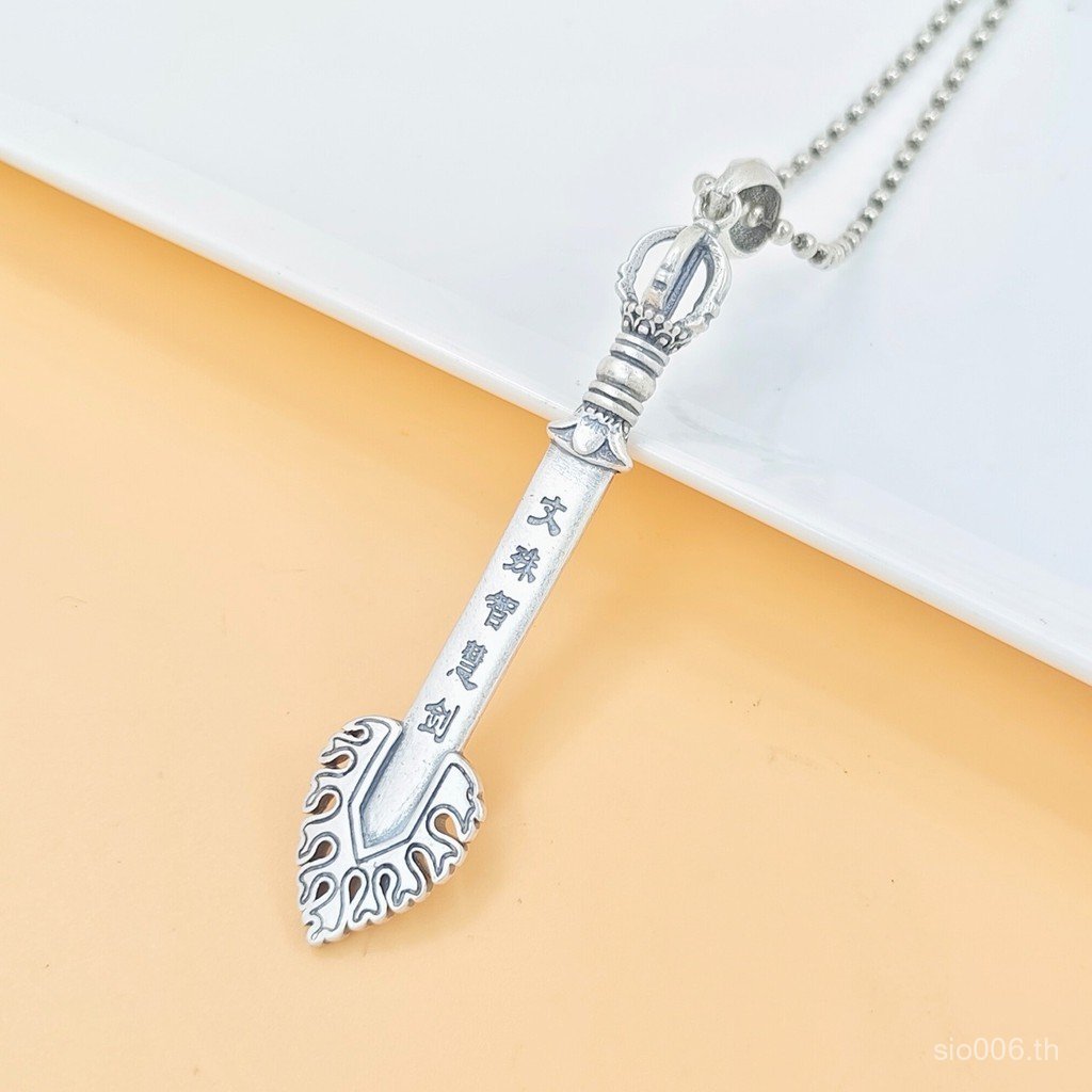 สร้อยคอแบบ Retro ลายพิมพ์พระโพธิสัตว์ Manjushri ทำจากเงินสเตอร์ลิงสีเมทต์ สไตล์ Damaged BNP4