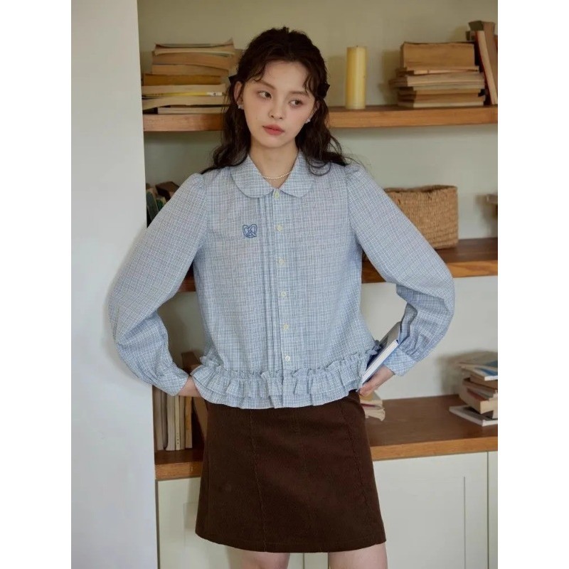 shayne-เสื้อสุภาพสตรี แขนยาว ตาราง ปก ประเภทรุ่น Slim Fit สดชื่น หวาน แฟชั่นสบาย ๆ วิทยาลัย