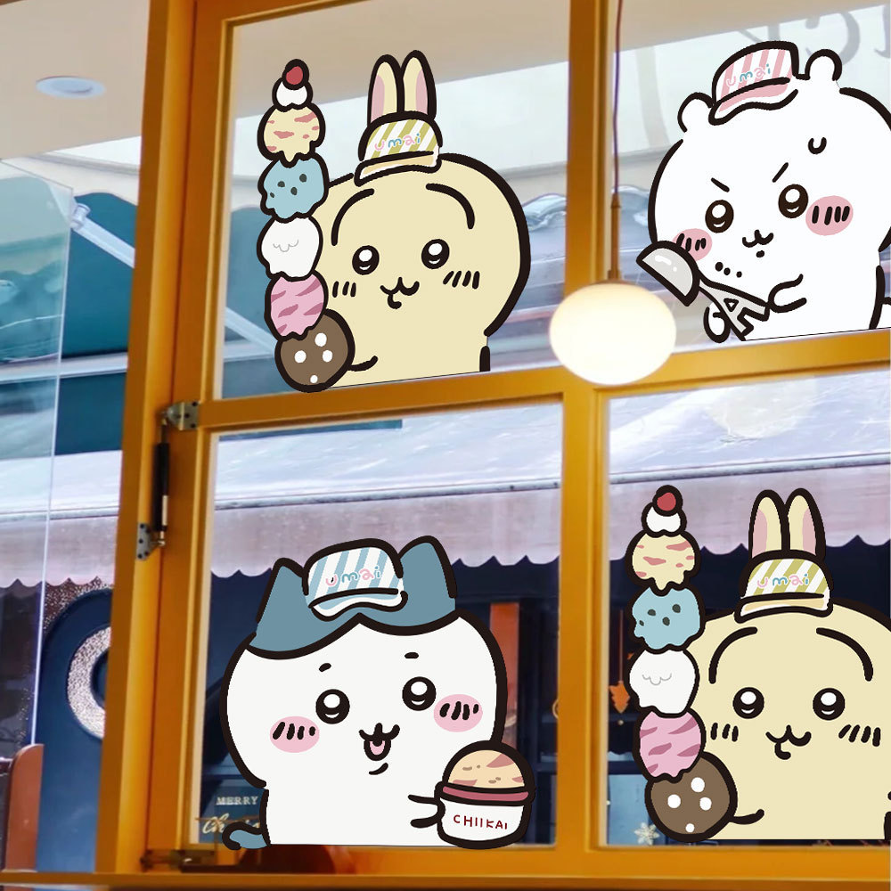 Ins การ์ตูน chikawa chikawa chikawa ตกแต่งนมชาร้านขายเสื้อผ้าสติกเกอร์ประตู Creative Glass สติกเกอร์