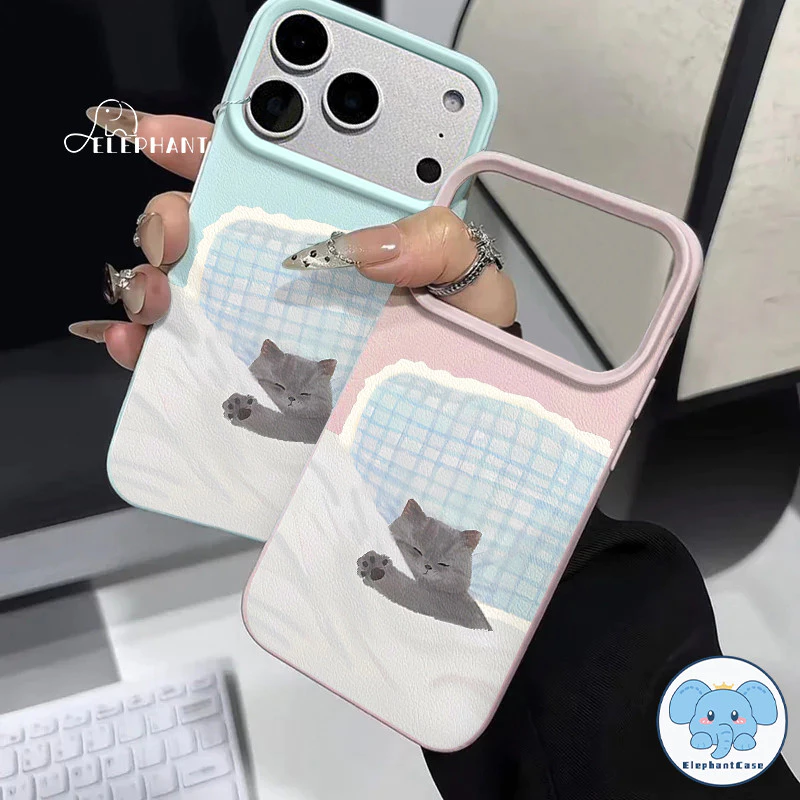 สำหรับ IPhone 13 17 Air 15 11 16 12 14 Pro Max XR X XS Max 7 15 16 8 Plus เคสหนังคู่รักลายแมวสีเทาน่ารักกำลังนอนหลับ