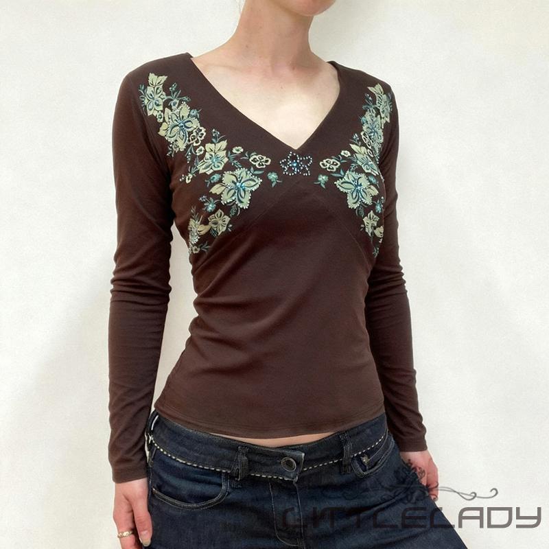 LTL-เสื้อยืดคอกี้แขนยาวลายดอกไม้ เหมาะสำหรับผู้หญิงใส่ลำลอง