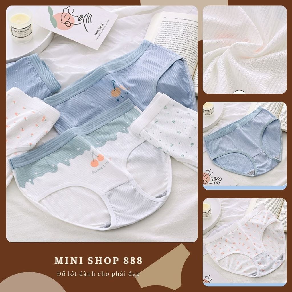 Mini shop 888 ชุดชั้นในสตรี Ribbed Cotton โทนสีฟ้าเนื้อนุ่ม ลายเชอร์รี่น่ารัก CS06
