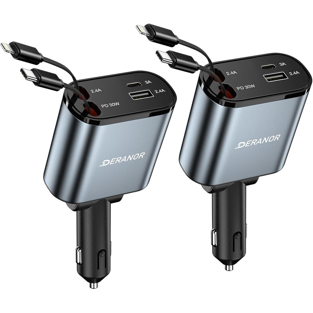 [2 Pack] Retractable Car Charger 4 in 1 Fast Car Phone Charger 69W, USB C Car Truck Accessories Adap