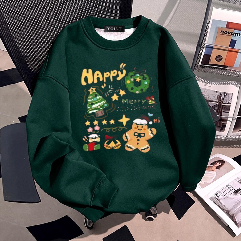 You-T  【พร้อมส่ง】Christmas เสื้อสาวอวบ แขนยาว เสื้อวอร์ม พิมพ์ลาย”Merry Christmas”OVERSIZE เนื้อผ้าหนานิ่ม สวมใส่สบาย