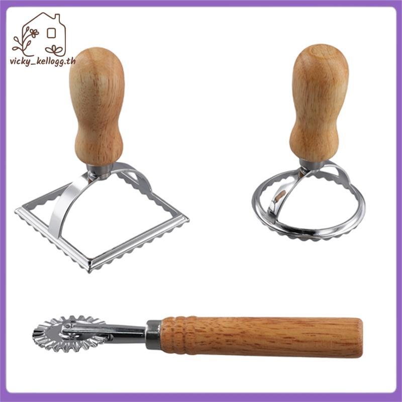 [vky_kellogg.th] 3 ชิ้น Ravioli Stamp Maker Cutter พร้อมชุดล้อลูกกลิ้ง,แม่พิมพ์ด้ามไม้สําหรับพาสต้า,