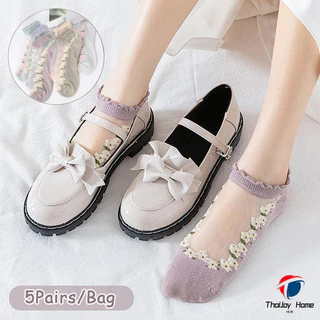 พร้อมส่ง 5คู่ถุงเท้าสั้นระบายอากาศญี่ปุ่นน่ารักสำหรับผู้หญิง ถุงเท้าฤดูใบไม้ผลิและฤดูร้อน แบบบางและคริสตัลถุงเท้าเรือ