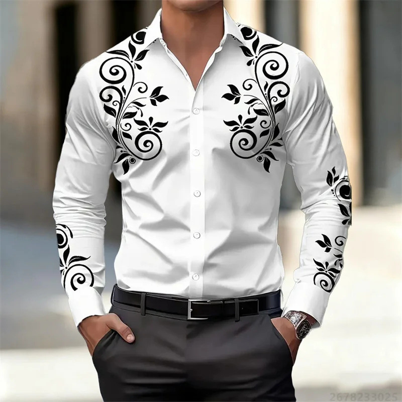 เสื้อเชิ้ตแขนยาวสไตล์ย้อนยุคสำหรับชาย พิมพ์ลาย มีหลากหลายสีให้เลือก