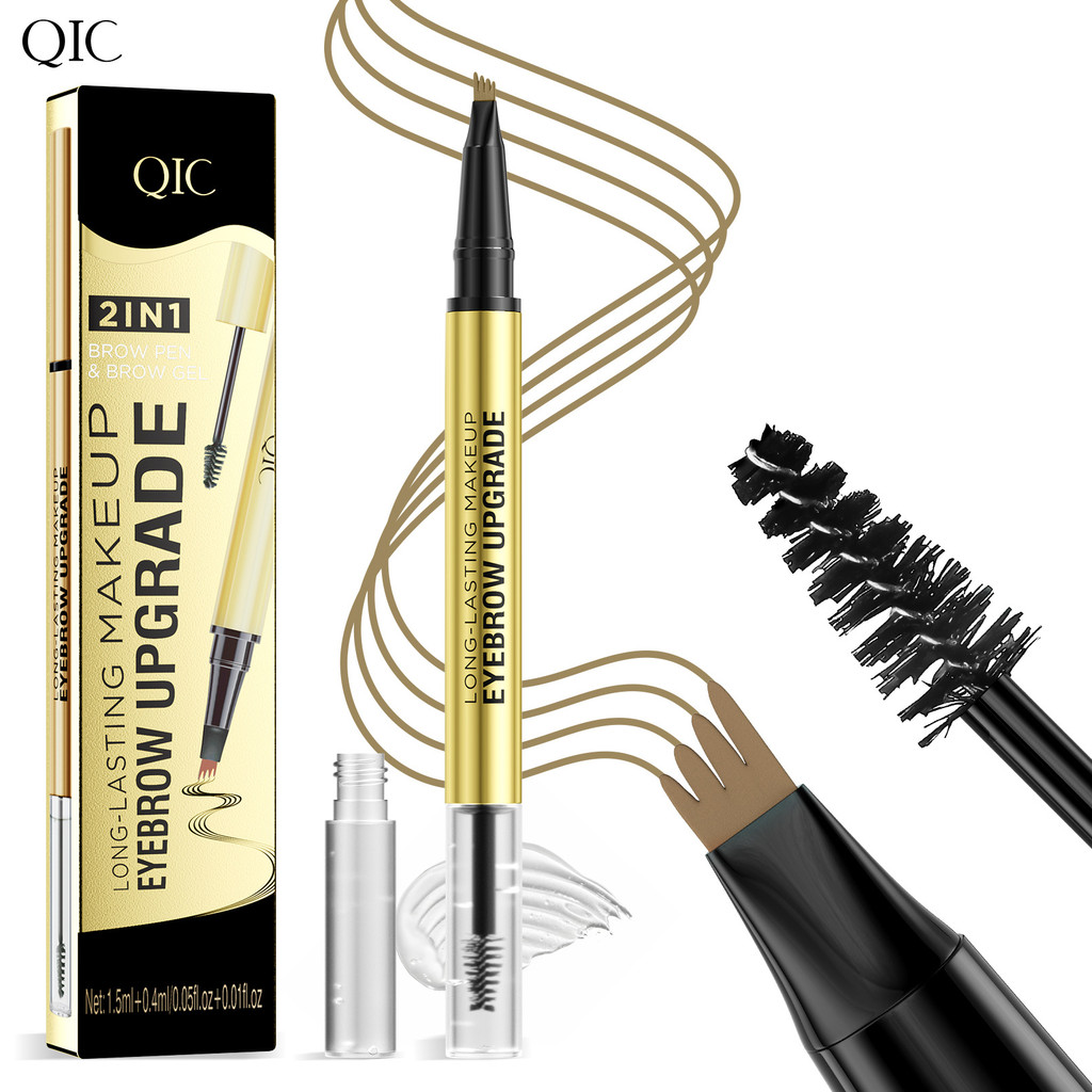 Four-Prong Eyebrow Glue ดินสอเขียนคิ้วสองหัวกันน้ํา Non-Smudge Two-In-One พร้อมหัวแปรงคิ้วป่าสี่