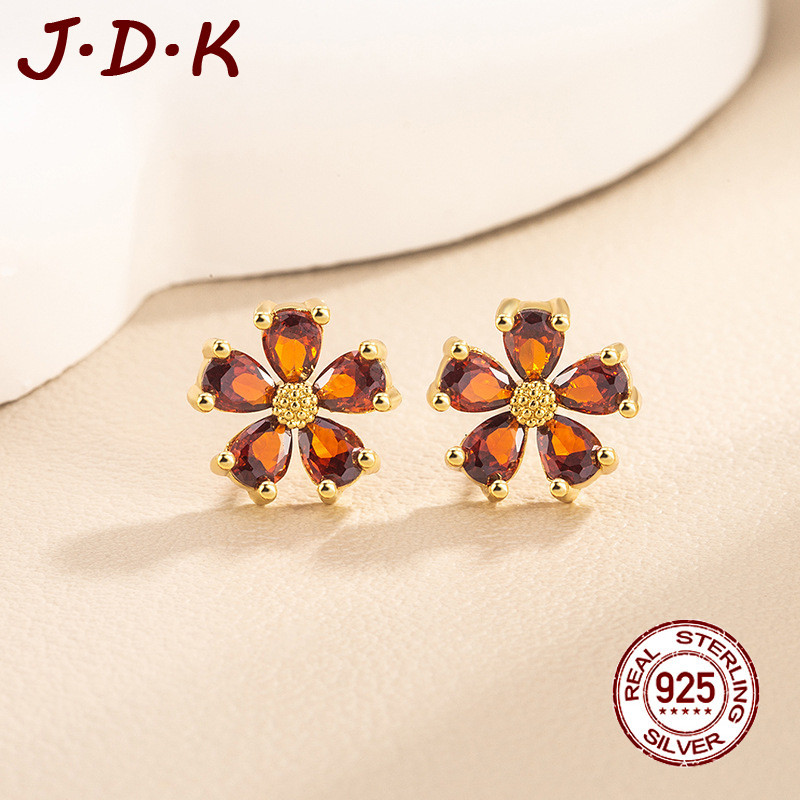 MERAH JDK 18K Red Gold Zircon Flower Stud ต่างหูเครื่องประดับผู้หญิง
