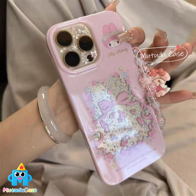 สำหรับ IPhone 17 air 12 13 15 16 11 14 Pro Max XR X XS 7 8 16 15 Plus ดอกไม้เมโลดี้ Miffy กระต่ายคิตตี้ครอบคลุมผงกากเพชร