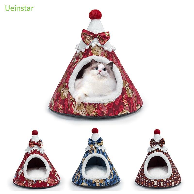 Uein Cat Cave Bed สําหรับแมวในร่มสุนัขขนาดเล็ก Warm Bed House Santa Hat Puppy เต็นท์เตียง