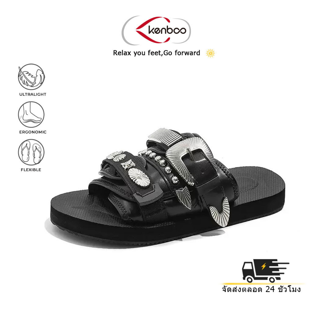 kenboo 2025 รองเท้าแตะผู้ชายสไตล์ญี่ปุ่นหมุดสีเงินฝังรองเท้าลําลองน้ําหนักเบาลื่น ตีนตุ๊กแก แพลตฟอร์มสวมใส่ด้านนอก