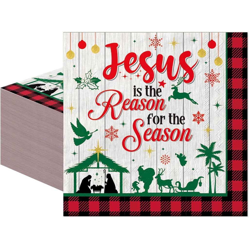 Christmas Napkins Party Decorations - 50 Pcs Jesus Is the Reason for the Season Paper Napkin Disposa