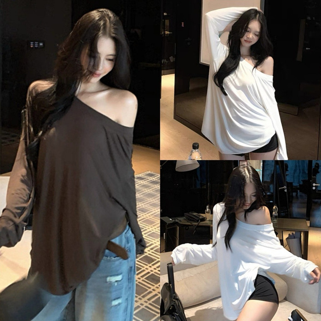 🎄Mary🎄เสื้อยืดปาดใหล่ ผ้านุ่นมิ่มบางเบา ทรงหลวม เสื้อยืดแขนยาว สไตล์เกาหลี แฟชั่นใส่สบาย พร้อมส่ง