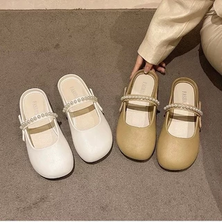 icy.sport พร้อมส่งจากไทย【X214】รองเท้าคัชชูแต่งสายไข่มุกสไตล์วินเทจสวยหวานน่ารักสีพื้นเรียบๆ tobo
